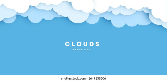 Cloudy paper cut art, vector illustration. Volumetric cloudscape horizontal background. Banner with 3d clouds on blue sky