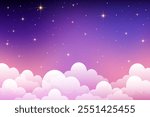 Cloudy purple sky background with stars. Cute magic night landscape. Fairy cartoon vector galaxy. Dreamy pastel sunset wallpaper. Abstract fluffy mist.