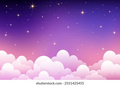 Cloudy purple sky background with stars. Cute magic night landscape. Fairy cartoon vector galaxy. Dreamy pastel sunset wallpaper. Abstract fluffy mist.