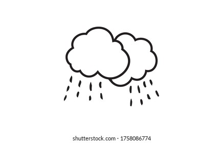 Cloudy, rain. Cloud icon. White cloud, rain on black background. Flat. Vector illustration. Weather forecast line, modern. Meteorology symbol. Design element. Monochrome.