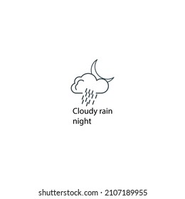 Cloudy rain night icon thin line stock illustration. Weather forecast line icon, isolated on white background, weather stroked symbol. 