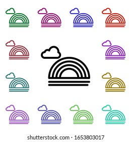Icono de estilo multicolor, símbolo arcoiris nublado. Línea delgada simple, contorno vectorial de iconos meteorológicos para ui y ux, sitio web o aplicación móvil