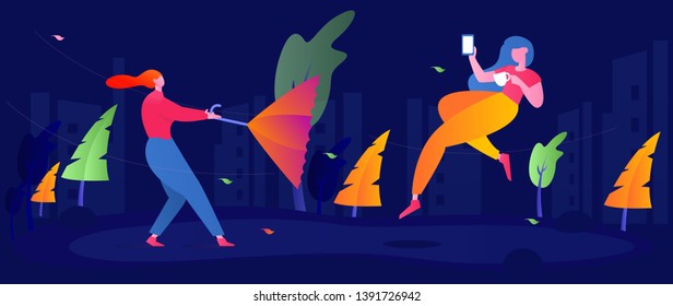 Cloudy rainy day risk free soaring, contrast, no need to worry, shared umbrella, easy to work business vector flat trend illustration