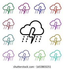 Wolkenkratzer mit Regenwetter kennzeichnen Symbol in mehrfarbigem Stil. Einfache dünne Linie, Vektorillustration der Wettersymbole für i und ux, Website oder mobile Applikationen
