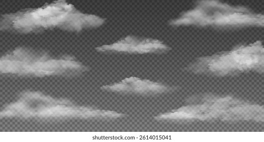 Cloudy, realistic cloudscape, white transparent clouds. Vector set isolated cloud 