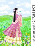 cloudy scenery with a beautiful chinese girl in traditional costume hanfu looking over her shoulder with a butterfly in her hand. hill landscape with blooming meadow