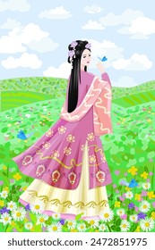 cloudy scenery with a beautiful chinese girl in traditional costume hanfu looking over her shoulder with a butterfly in her hand. hill landscape with blooming meadow