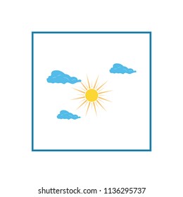 Cloudy sign. Weather icon. The sun and cloud on blue background. Bright, sunny good mood. Isolated logo spring, summer. Symbol hot, warm, sunlight, good weather Flat vector image. Vector illustration.