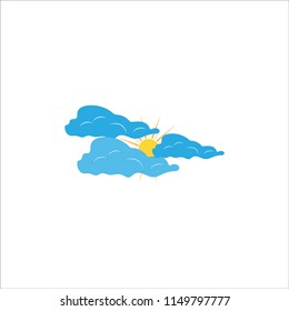 Cloudy sign. Weather icon. The sun and cloud on blue background. Bright, sunny good mood. Isolated logo spring, summer. Symbol hot, warm, sunlight, good weather Flat vector image. Vector illustration.