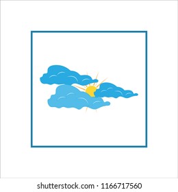 Cloudy sign. Weather icon. The sun and cloud on blue background. Bright, sunny good mood. Isolated logo spring, summer. Symbol hot, warm, sunlight, good weather Flat vector image. Vector illustration.