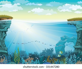 Cloudy sky above coral reef with school of fish and underwater cave. Vector seascape illustration.