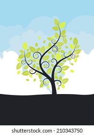 Cloudy sky, abstract nature background and stylized tree with green leaves.