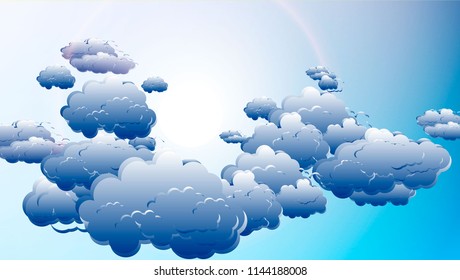 Cloudy sky background. Blue sky with white clouds and sun, vector illustration. Vector blue sky with clouds.