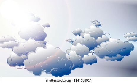 Cloudy sky background. Blue sky with white clouds and sun, vector illustration. Vector blue sky with clouds.