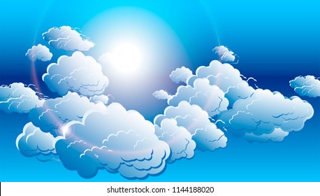 Cloudy sky background. Blue sky with white clouds and sun, vector illustration. Vector blue sky with clouds.