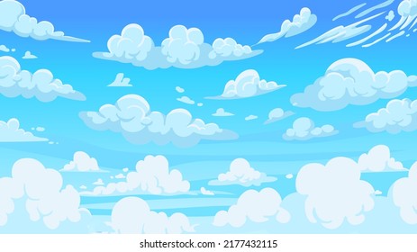 Cloudy sky background. Cartoon atmospheric anime scenery with white clouds and sunny blue summer sky. Vector sunny weather landscape illustration. Atmosphere cloud weather sky air