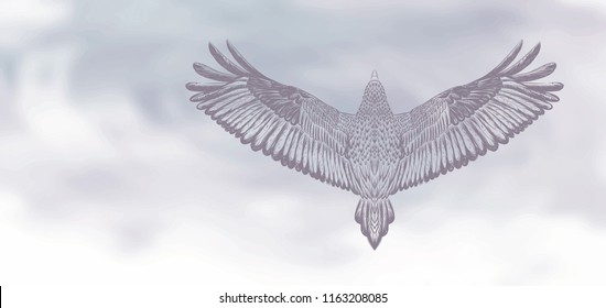 Cloudy sky background with hand drawn grey falcon. Vector. Graphic design invitation card for tattoo salon. Invitation card design for tattoo salon. Pastel colors. Animal wallpaper.Watercolor.