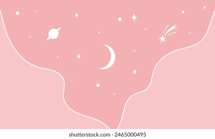 Bewölkter Himmelshintergrund mit Mond und Sternen im flachen Stil.