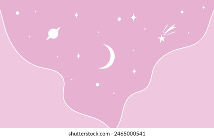 Cloudy sky background with moon and stars in flat style.