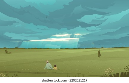 Cloudy sky background with nature symbols flat vector illustration