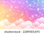 Cloudy sky background. Unicorn fantasy pastel galaxy. Rainbow cute wallpaper. Fluffy magic pink landscape. Vector illustration.