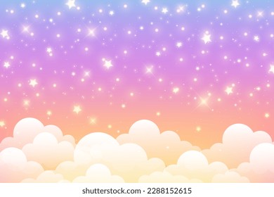 Cloudy sky background. Unicorn fantasy pastel galaxy. Rainbow cute wallpaper. Fluffy magic pink landscape. Vector illustration.