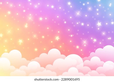 Cloudy sky background. Unicorn fantasy pastel galaxy. Rainbow cute wallpaper. Fluffy magic pink landscape. Vector illustration.