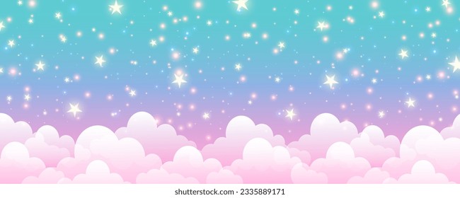 Fondo del cielo nublado. Galaxia pastel de fantasía de unicornio. Papel pintado lindo del arcoiris. Un paisaje mágico y rosa. Ilustración vectorial.