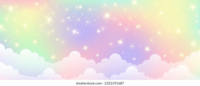 Cloudy sky background. Unicorn fantasy pastel galaxy. Rainbow cute wallpaper. Fluffy magic pink landscape. Vector illustration.