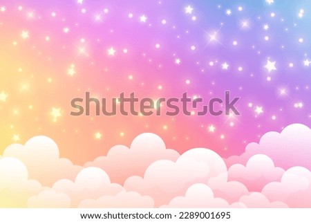 Cloudy sky background. Unicorn fantasy pastel galaxy. Rainbow cute wallpaper. Fluffy magic pink landscape. Vector illustration.