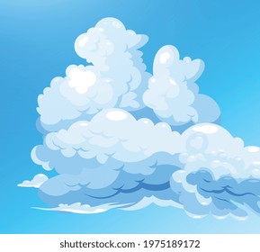 Cloudy sky blue background with cartoon group of white cumulus clouds flat vector illustration