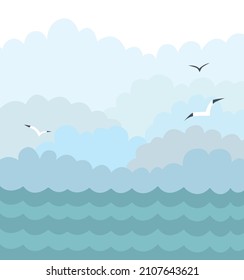 Cloudy sky and blue sky. Seagulls are flying. Vector background picture