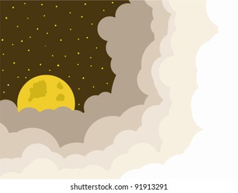 cloudy sky with bright yellow moon and stars vector design