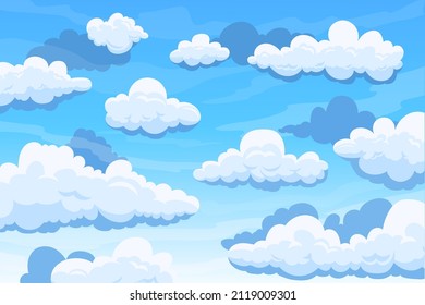 Wolkenkratzer. Cartoon-Hintergrund mit blauem Sommerhimmel und Kumuluswolken. Konzept der Vektorreinigung und -atmosphäre