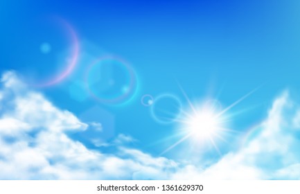 Cloudy sky. Daytime bright sun, sunny day clouds and realistic cloud in blue sky. Sunshine in clouds, fluffy heaven sky realistic vector background illustration