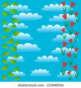 Cloudy sky with flowers and leaves