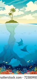 Cloudy sky and green island with palm tree in the ocean and underwater wildlife with coral reef, fishes and silhouette of mantas. Tropical sea natural vector illustration. 