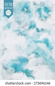 Cloudy sky illustration. Abstract watercolor vector background. Heaven with clouds. Blue sky, shades of white. Painted backdrop. Fresco imitation. 