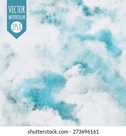 Cloudy sky illustration. Abstract watercolor vector background. Heaven with clouds. Blue sky, shades of white. Painted backdrop. Fresco imitation. 
