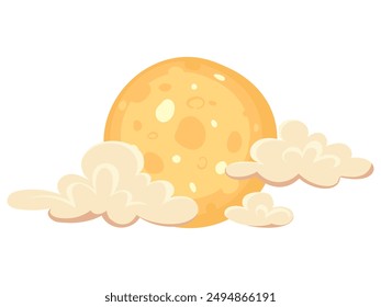 Cloudy sky with illustration of a full moon and clouds. Vector drawing of a full moon in cartoon vector style. Suitable for Halloween, children's typography, cards.