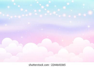 Cielo nublado con guirnaldas de luces. Un bonito fondo pastel. El fondo mágico fluffy para banner, invitación y plantilla. Escena vectorial de dibujos animados.