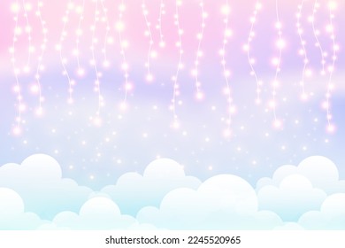 Cielo nublado con guirnaldas de luces. Un bonito fondo pastel. El fondo mágico fluffy para banner, invitación y plantilla. Escena vectorial de dibujos animados.