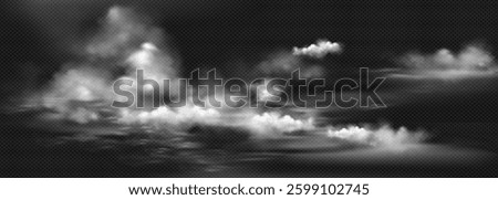 cloudy, cloudy sky on a transparent dark background, background with cloudy sky, isolated vector object white clouds on a dark transparent background.
