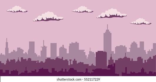 Cloudy sky over city silhouette
vector cityscape illustration