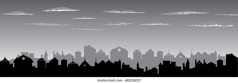 cloudy sky over city silhouette
vector cityscape illustration. black and grey