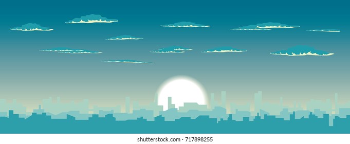 cloudy sky over city silhouette. sun rising behind buildings vector skyline illustration