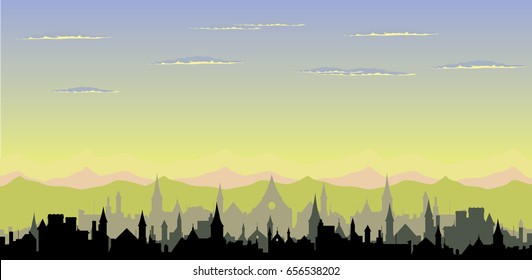 Cloudy sky over old town silhouette
vector illustration