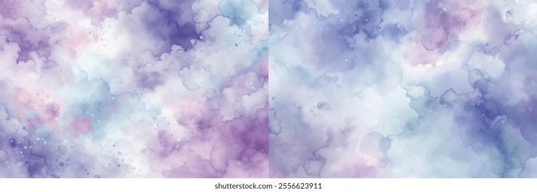 A cloudy sky with purple and blue colors. The sky is filled with clouds, and the colors are vibrant and bold. The painting evokes a sense of calm and tranquility, as the soft colors