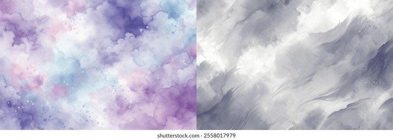 A cloudy sky with a purple and white background. The sky is filled with clouds, and the colors are vibrant and bold. The painting evokes a sense of calm and tranquility, as the soft colors