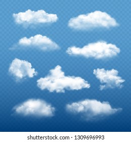 Cloudy sky realistic. Beautiful white clouds condensation collection vector weather elements